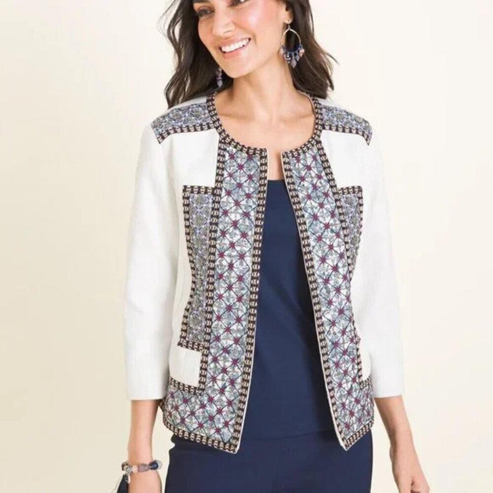 Chico's Sequin Embellished Embroidered Open Front Blazer Jacket Large Size 2